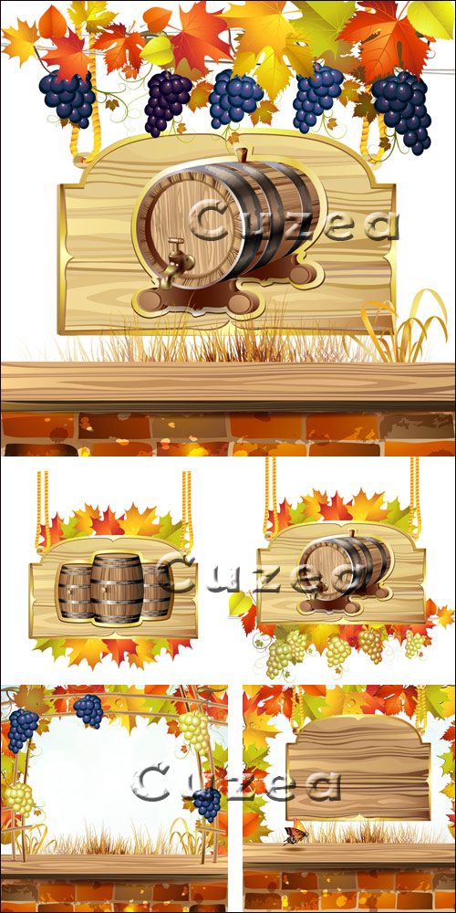        / Wooden backgrounds with a grapevine and a barrel in a vector set