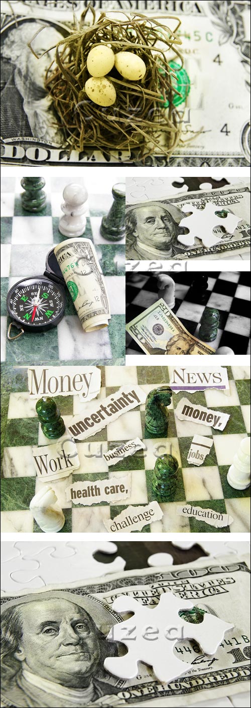 ,    / Compass, dollar bill and chess pieces closeup - Stock photo