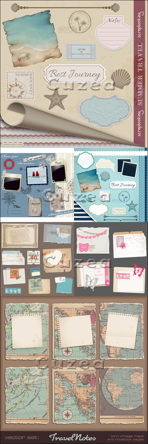      / Summer travel scrapbooking with old paper in vector