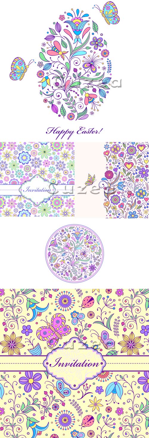       / Easter floral ornaments and invitation in vector