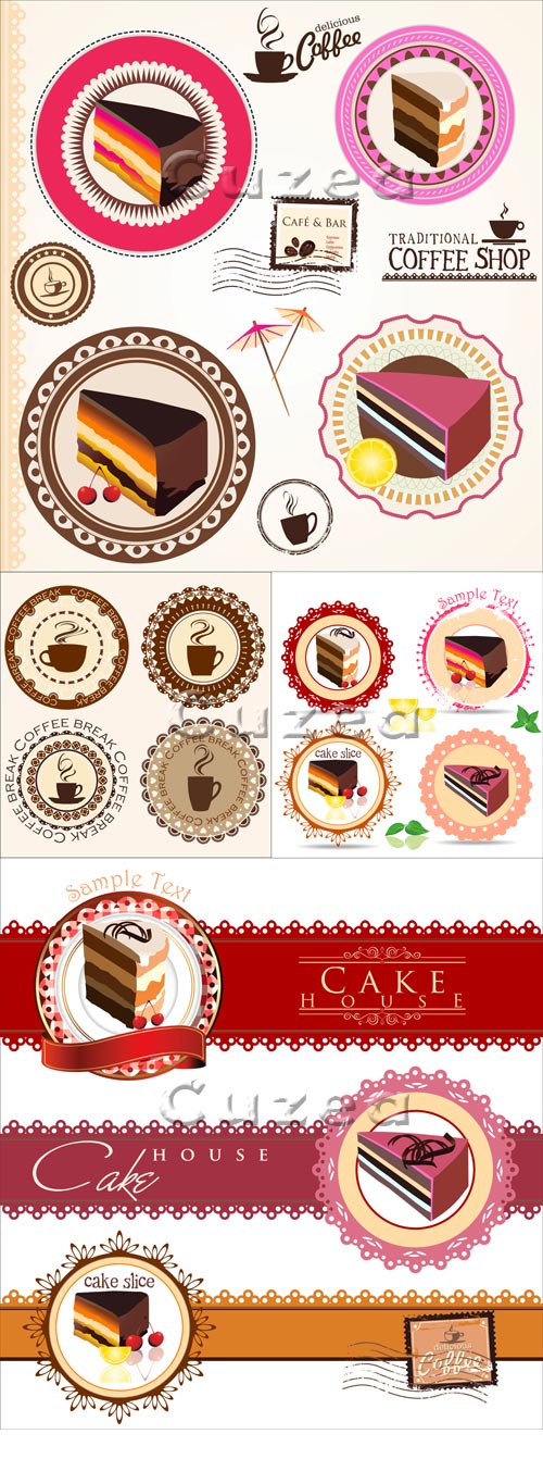       / Cake and cofee labels in vector