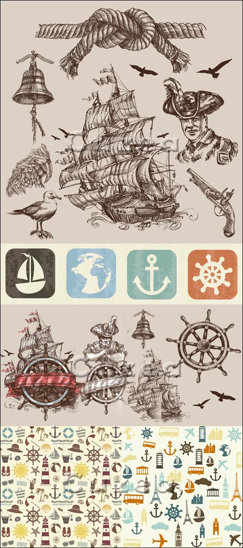     / Old ship and travel elements - vector stock
