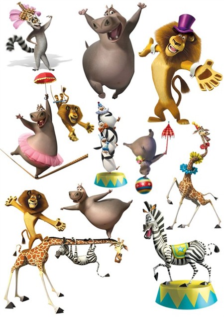Подборка отрисованных персонажей мультфильма "Мадагаскар 3" на белом фоне