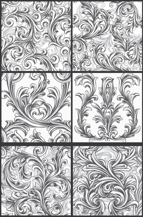 Seamless Vector Patterns Floral Chaos Engraved Set 63