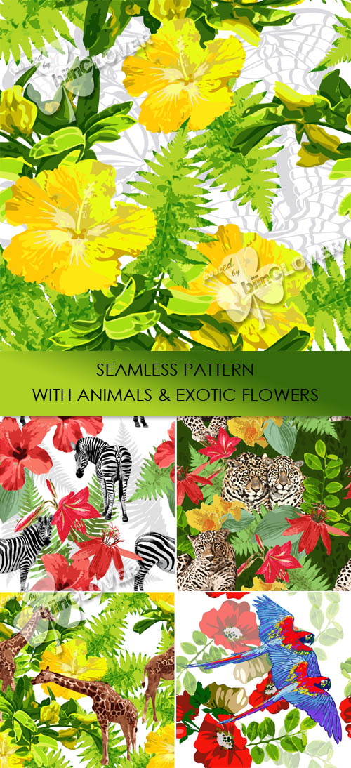 Seamless pattern with animaks and exotic flowers 0440