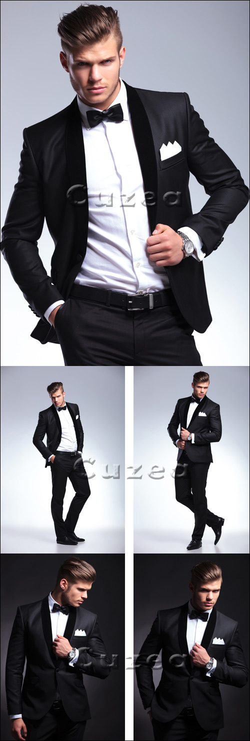     / Business man poses in tuxedo - stock photo