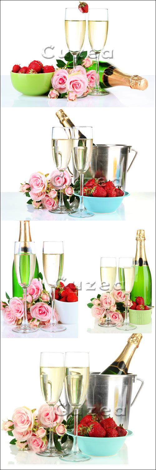       / Romantic still life with champagne, strawberry and pink roses - stock photo