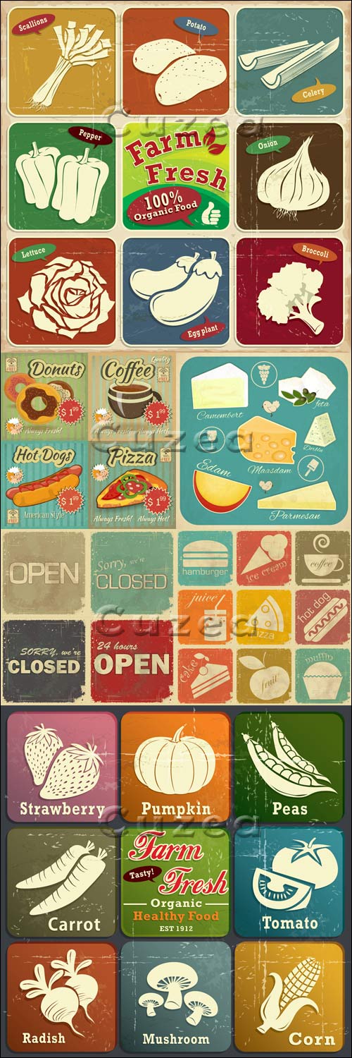         / Vintage posters of food and fruit in vector
