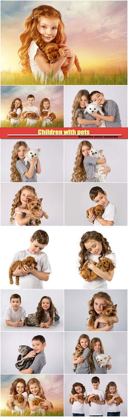 Children with pets, cat and a dog