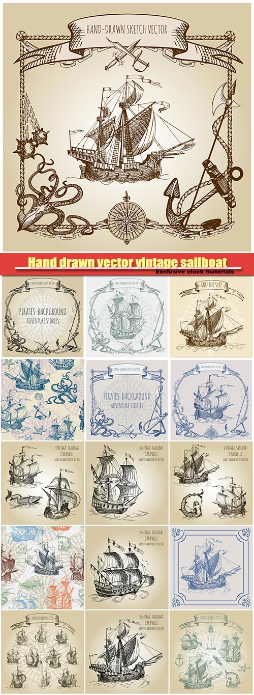 Hand drawn vector vintage sailboat, old geographical maps of sea