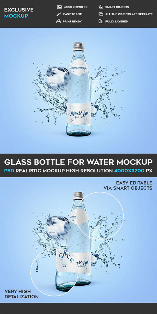 Glass Bottle for Water - PSD Mockup Template